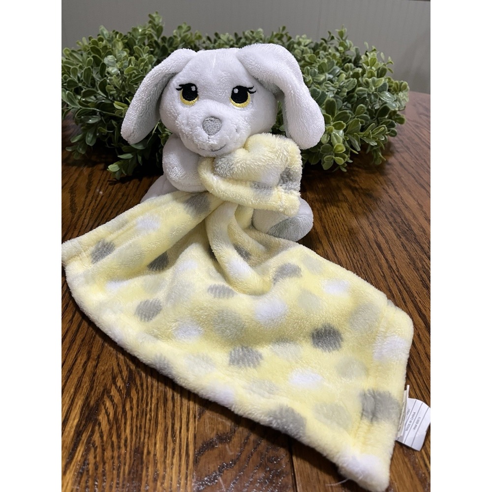 Little Beginnings Plush Lovey Puppy Dog Security Blanket White Yellow Gray Dots